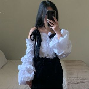 Alpha & omega tie shoulder ruffle tiered sleeve crop top